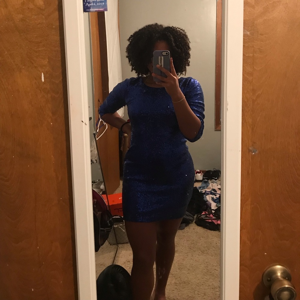 Blue sequin bodycon dress with u shaped back